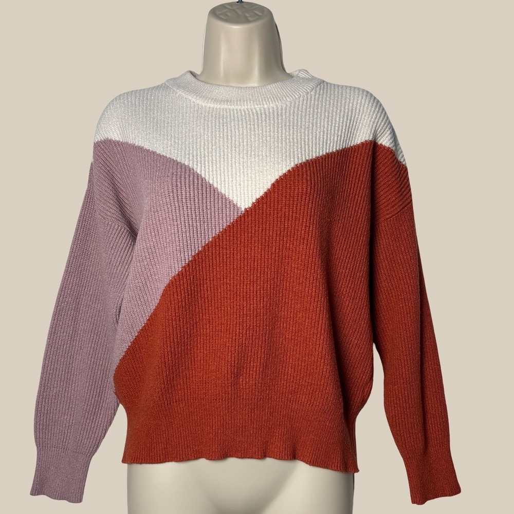 Sophie Rue Karmiti Colorblock Diagonal Ribbed Knit Sweater Orange Mauve Cream M